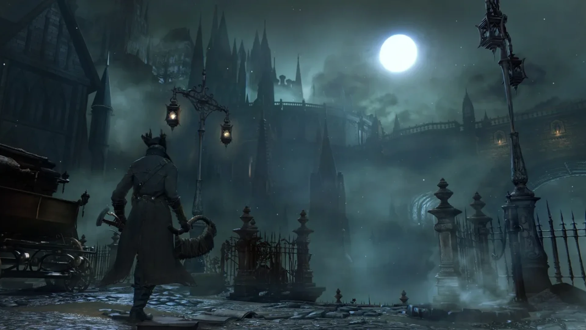 Bloodborne hunter looking toward a gothic city under a full moon