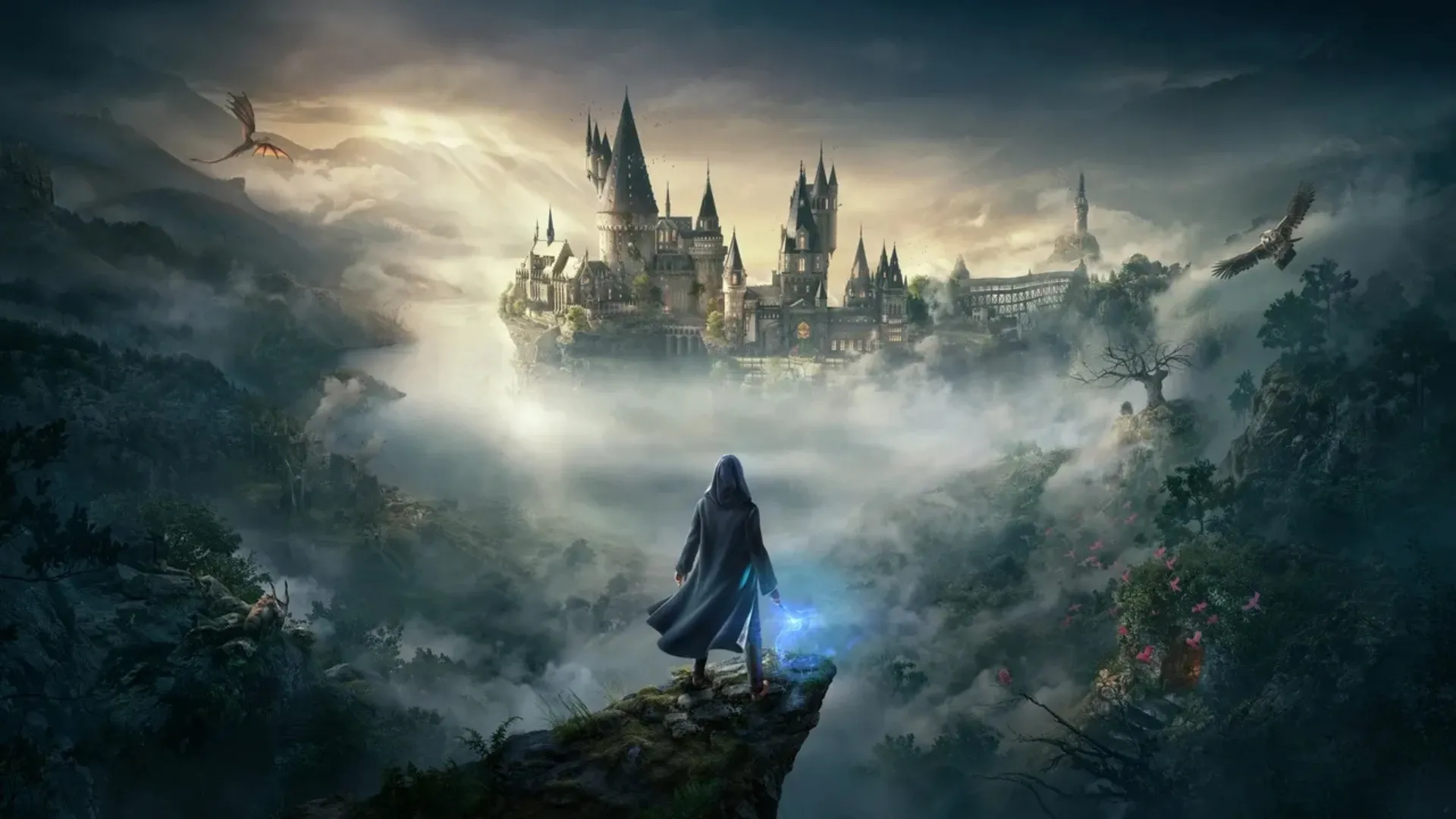 A hooded wizard with a glowing wand stands on a cliff looking toward Hogwarts castle above a misty valley.