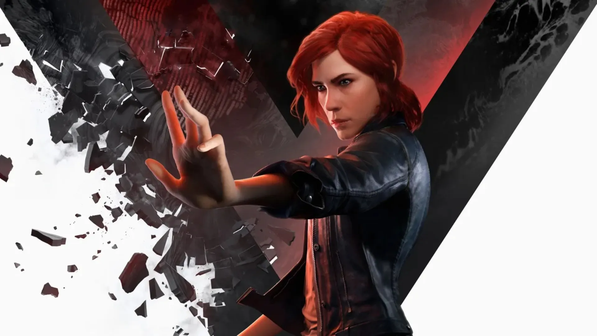 Jesse Faden extends one hand as dark debris shatters around her in Control key art with a red and black background.