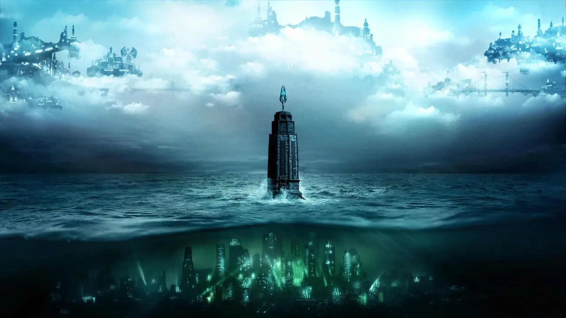 A lighthouse rises from the ocean with the sunken city of Rapture below and floating cities in the clouds above.