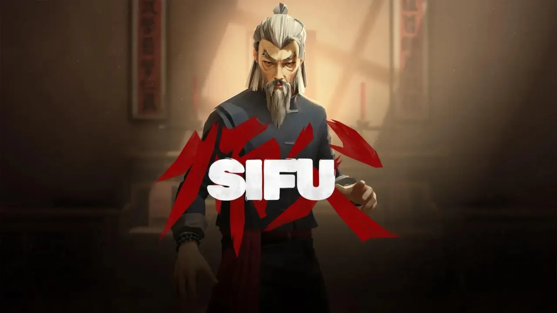 A grey-haired, bearded martial artist stands in a dim hall behind the red and white Sifu logo.