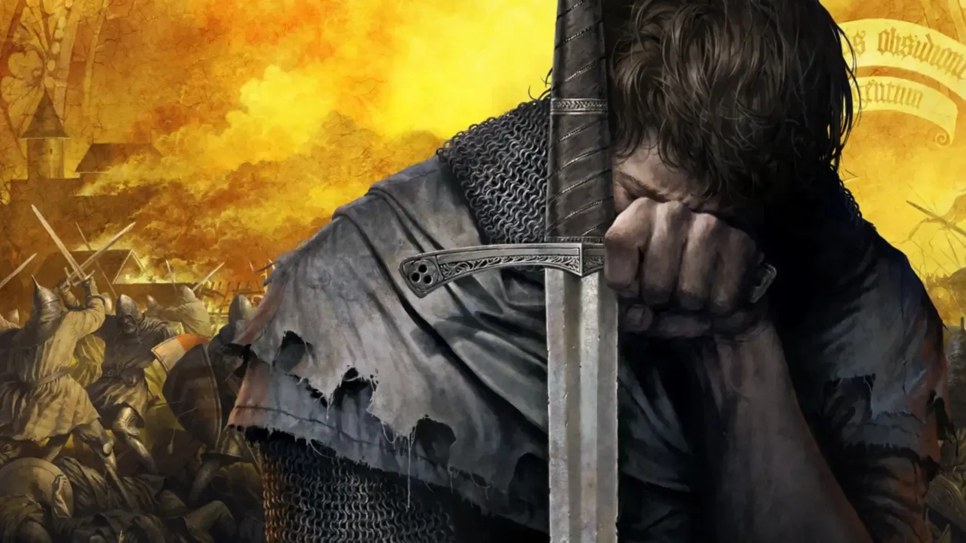 A young man in torn chainmail rests his head on a sword hilt as a medieval battle burns in the background.