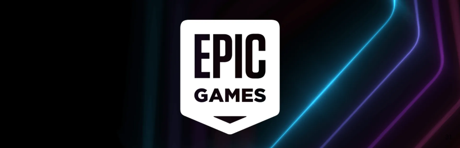 The white Epic Games shield logo centered on a black background with blue and purple neon light streaks.