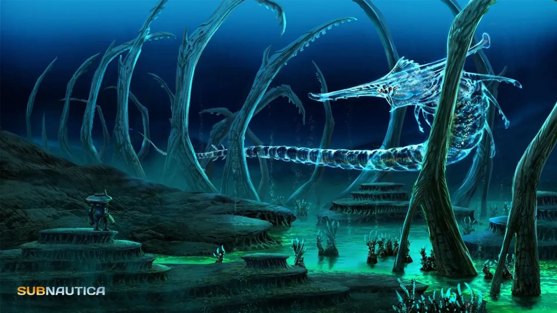 A tiny diver stands on a rock ledge as a huge translucent leviathan swims among towering alien growths in Subnautica.