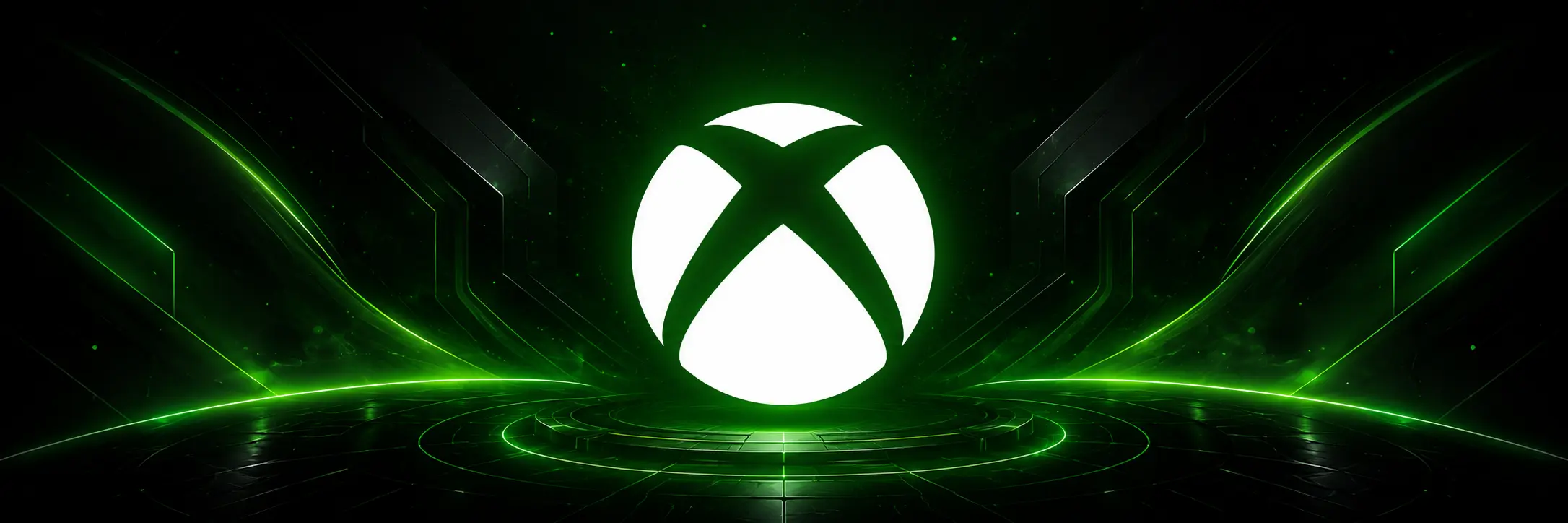 White Xbox logo displayed against a futuristic black background with green neon lighting and circuit-like patterns.