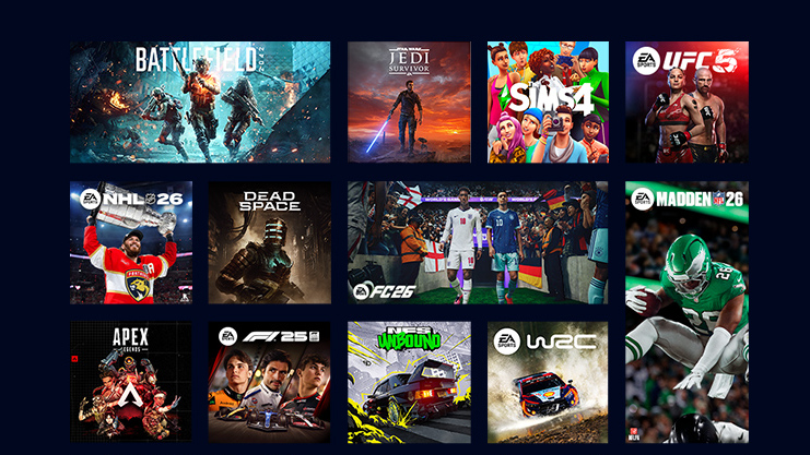 A selection of games available through Xbox Game Pass, including Battlefield 6, Star Wars Jedi: Survivor, The Sims 4, Dead Space, EA Sports FC 26, Apex Legends and It Takes Two.