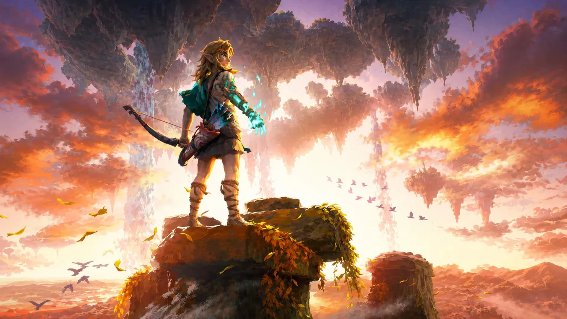 Link stands on a rocky platform beneath floating islands in colourful The Legend of Zelda artwork.