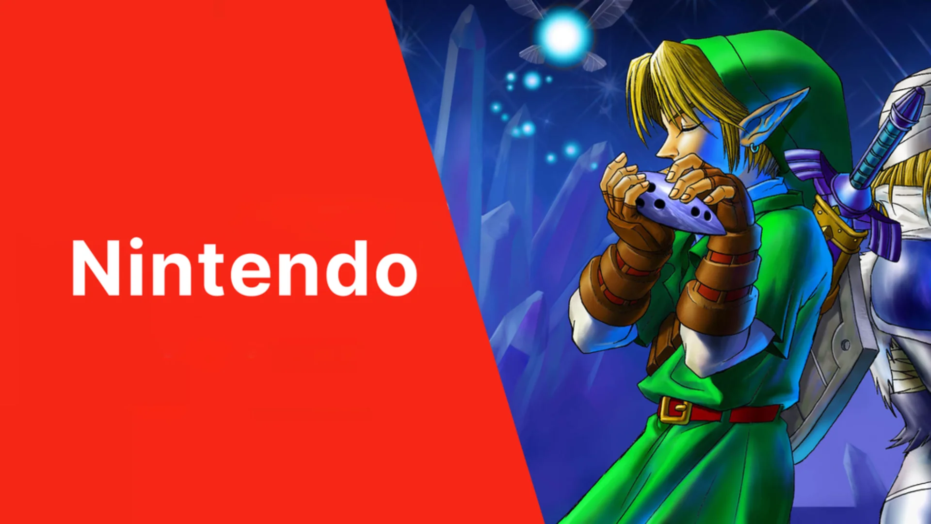 Nintendo branding appears beside Link playing the ocarina in artwork from The Legend of Zelda: Ocarina of Time.