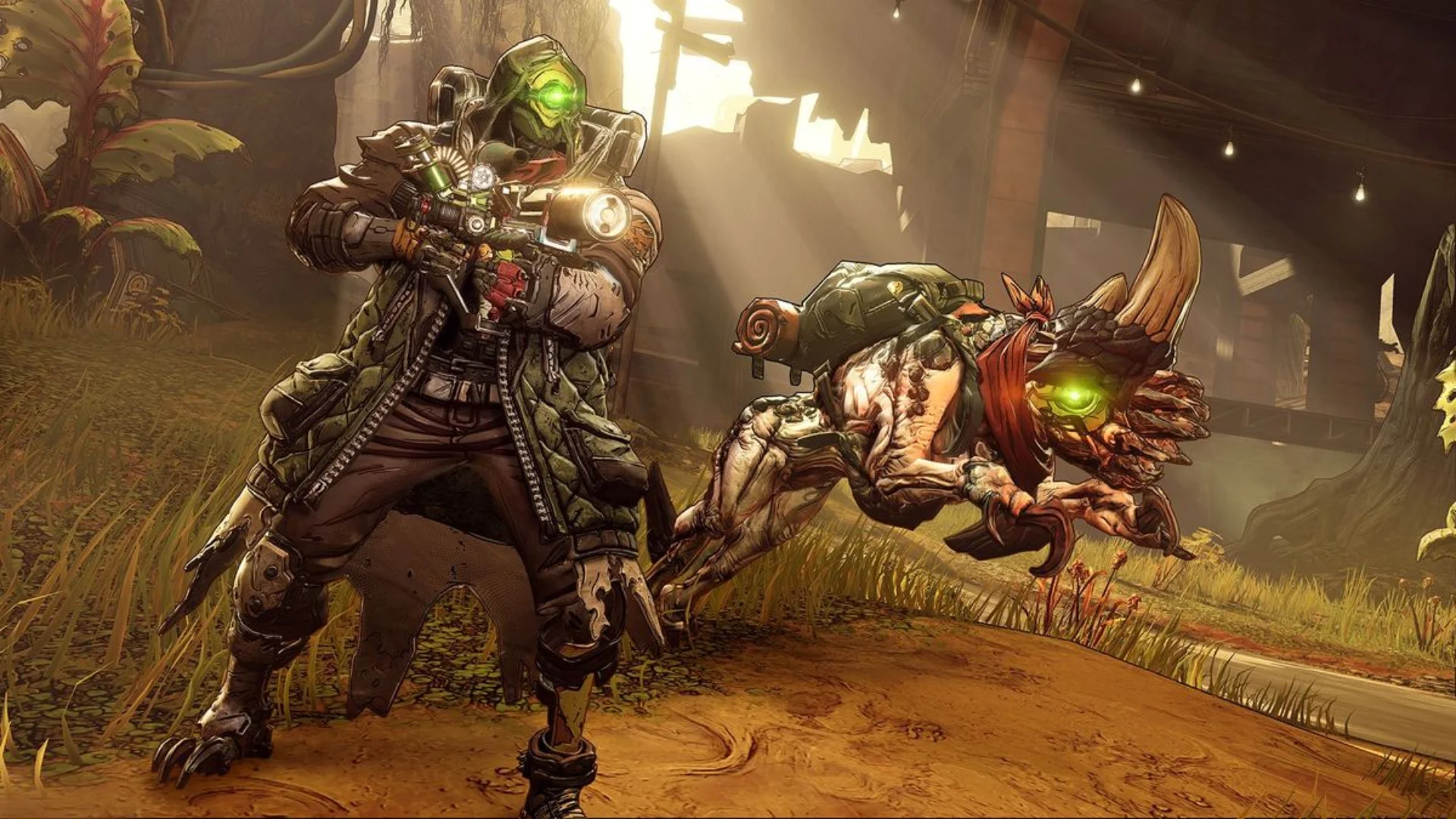 FL4K aims a weapon beside a horned creature with glowing green eyes in Borderlands artwork.