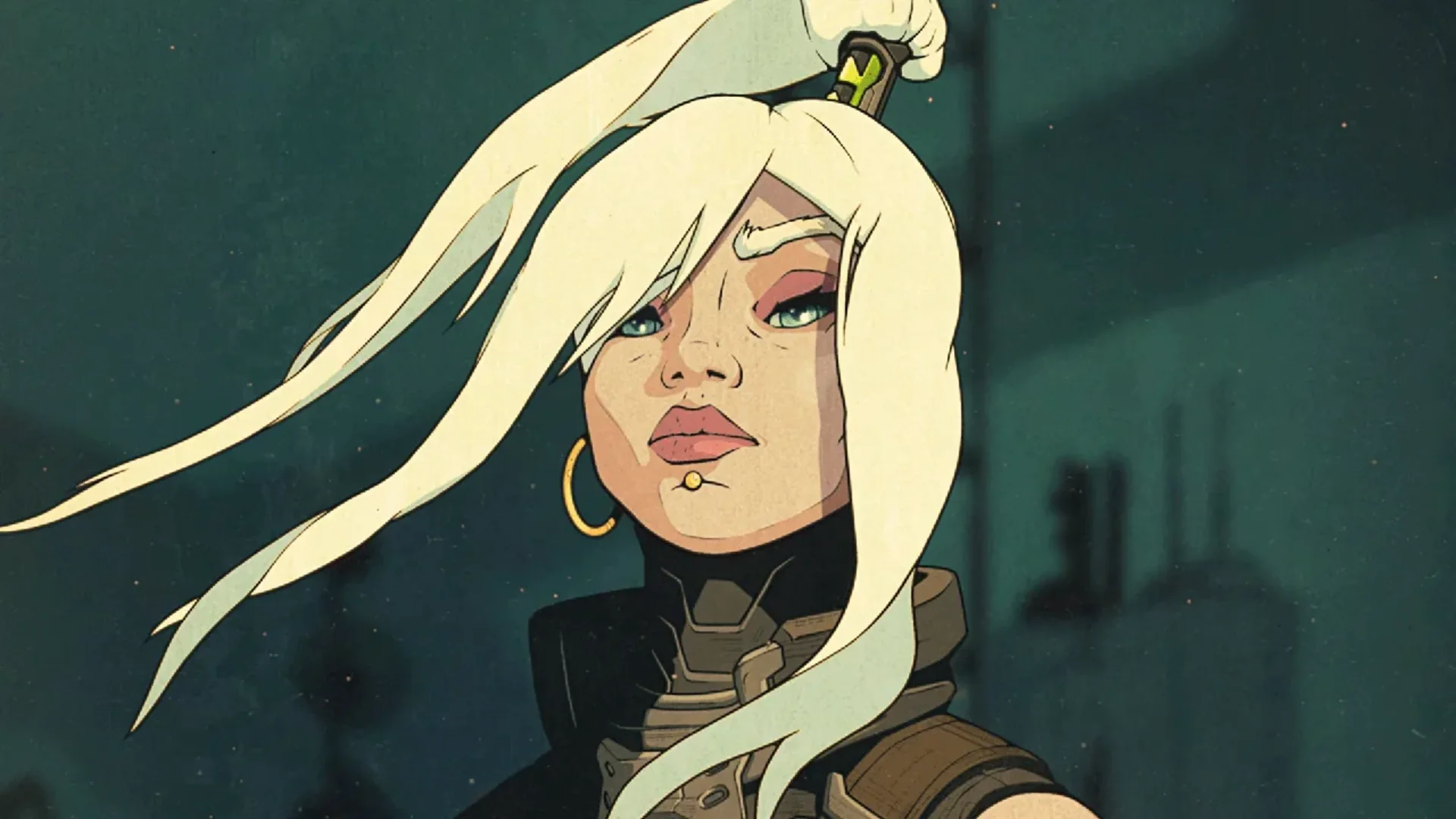 Loveless appears with long white hair, gold earrings, and futuristic armor in Borderlands 4 artwork.