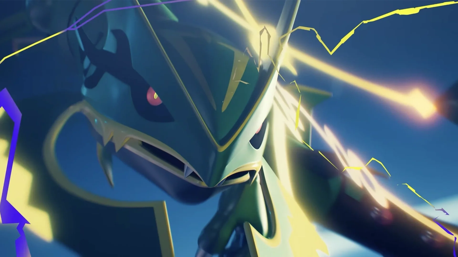 Mega Rayquaza appears in a close-up surrounded by glowing yellow lightning against a blue background.