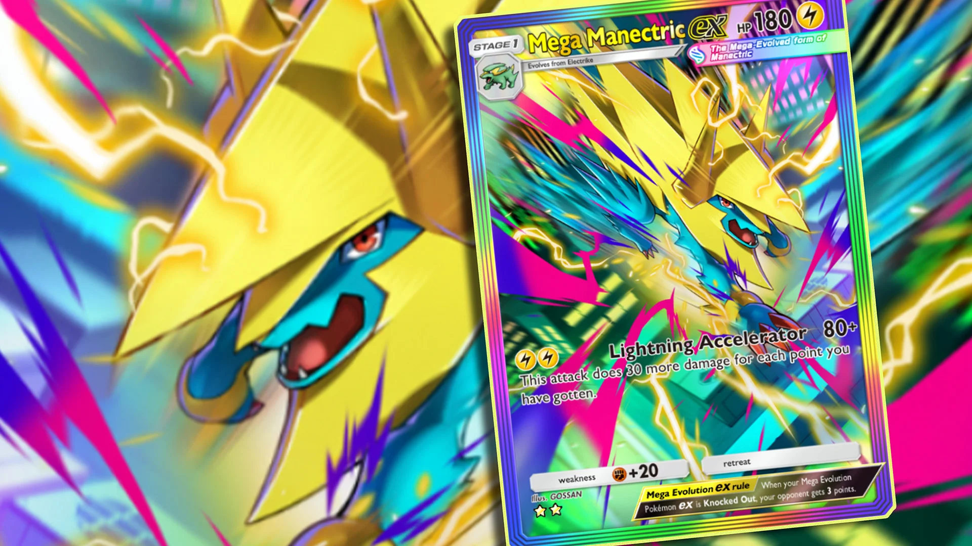 A Mega Manectric ex card appears over colorful electric artwork featuring the yellow and blue Pokémon.