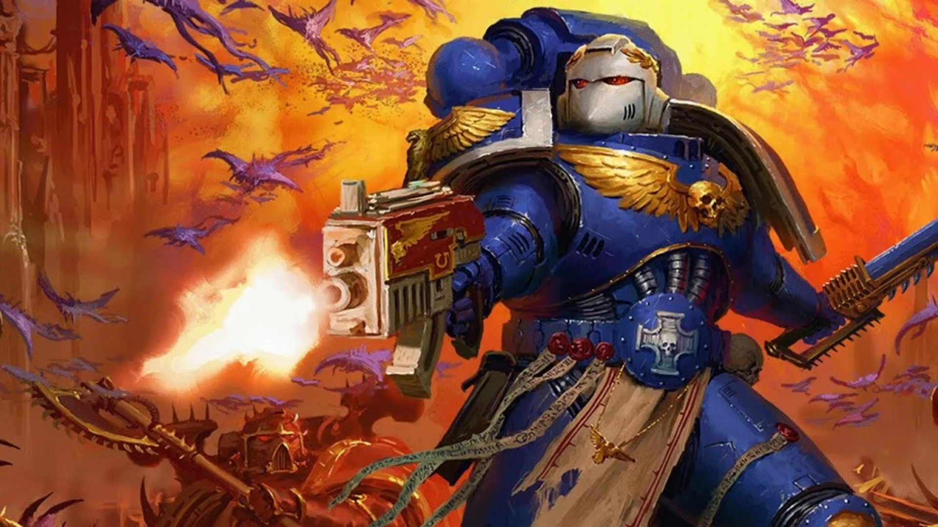 A blue Space Marine fires a bolter while enemies and flying creatures fill the orange battlefield behind him.