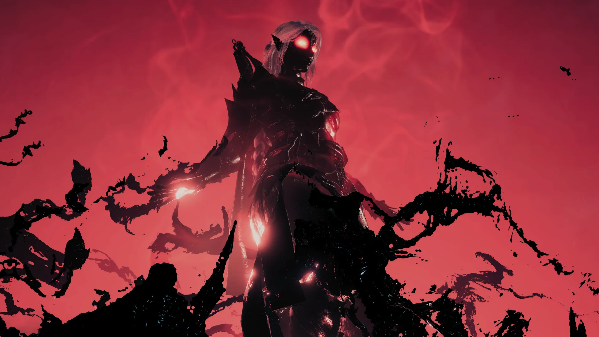 A shadowed armoured figure with glowing red eyes stands inside a surreal crimson dream sequence.