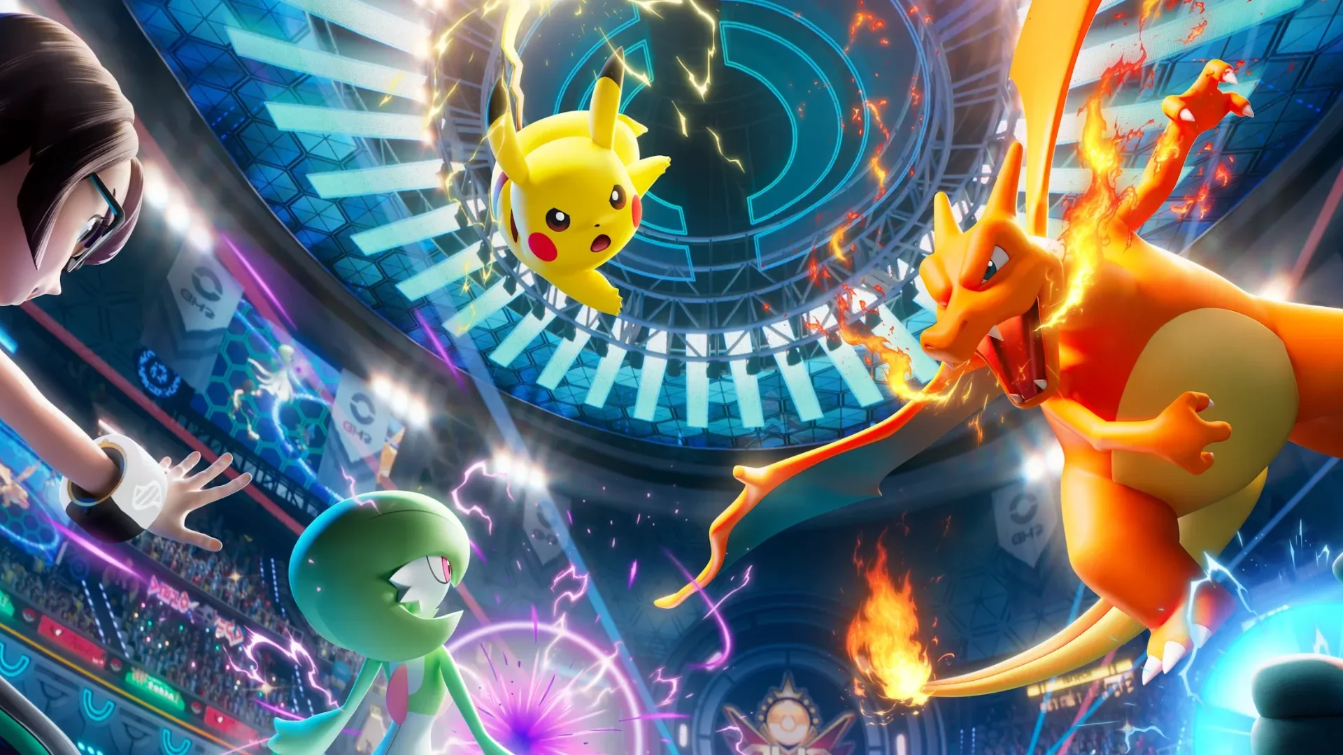 Pikachu, Charizard and Gardevoir clash during a Pokémon Unite stadium battle.