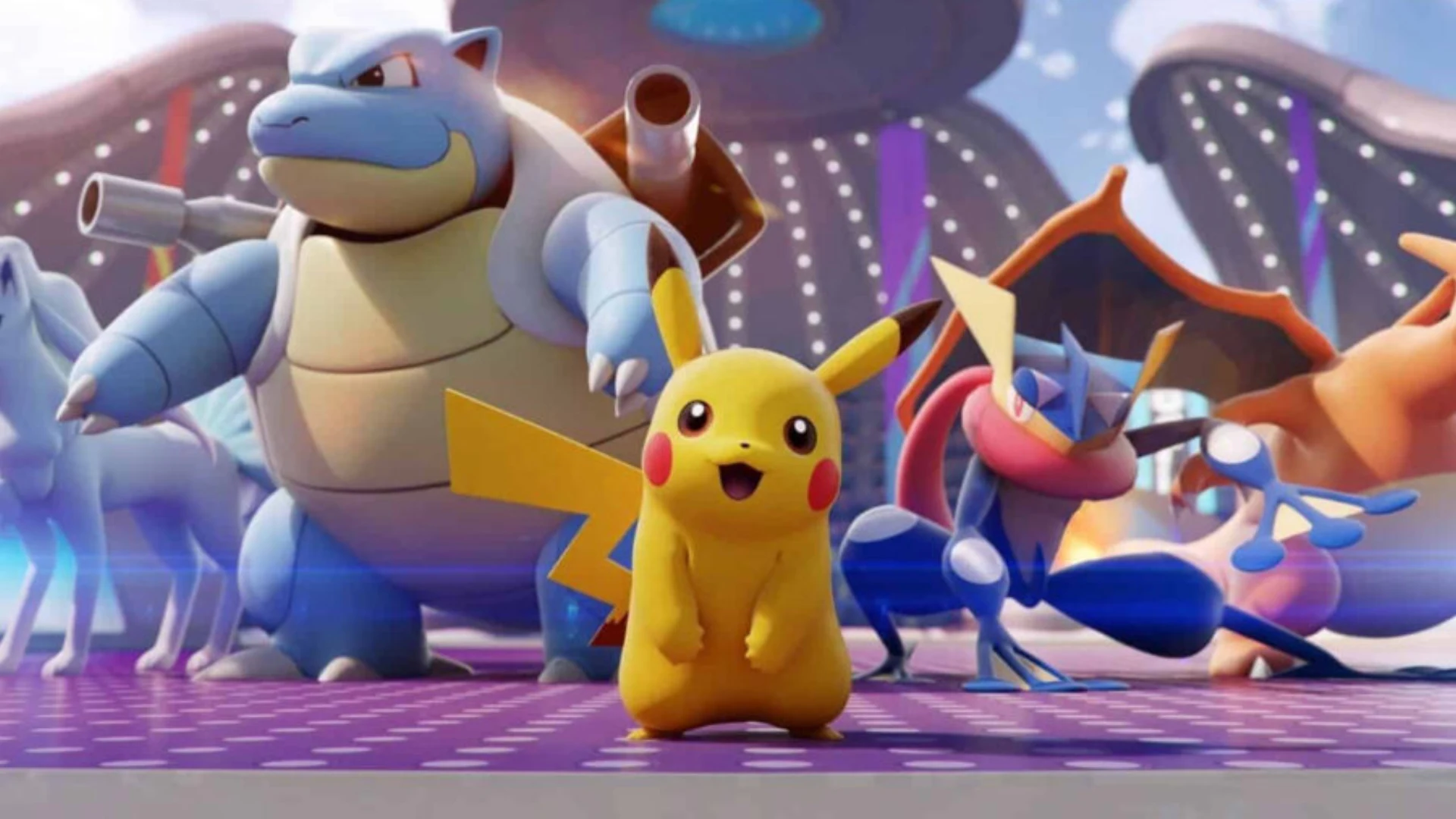 Pikachu stands with Blastoise, Greninja and other Pokémon Unite fighters.
