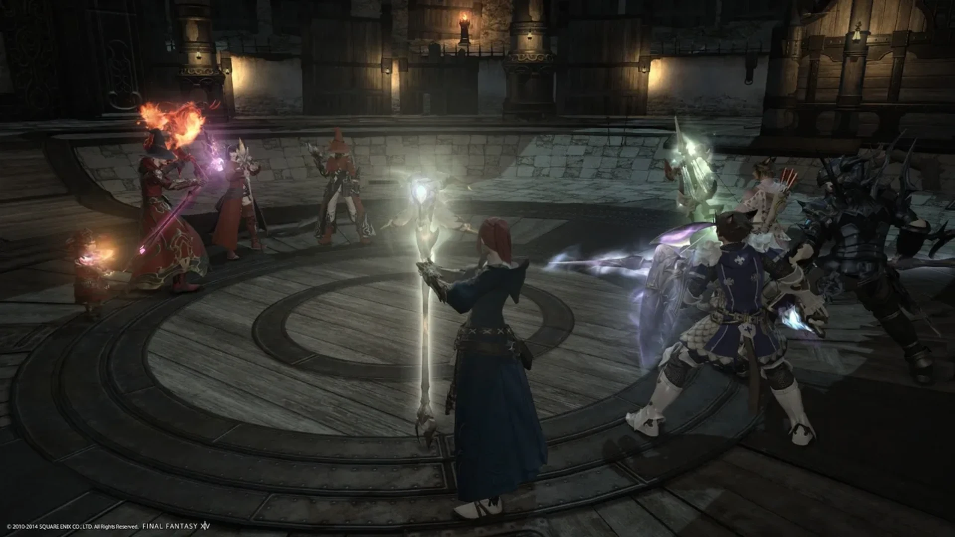 Final Fantasy 14 players gather with glowing weapons inside a large decorated interior.
