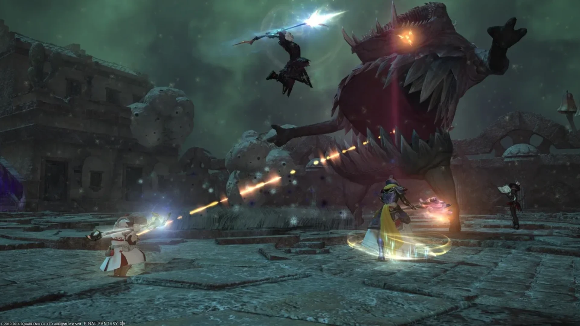 Final Fantasy 14 players fight a giant open-mouthed monster in a ruined arena.