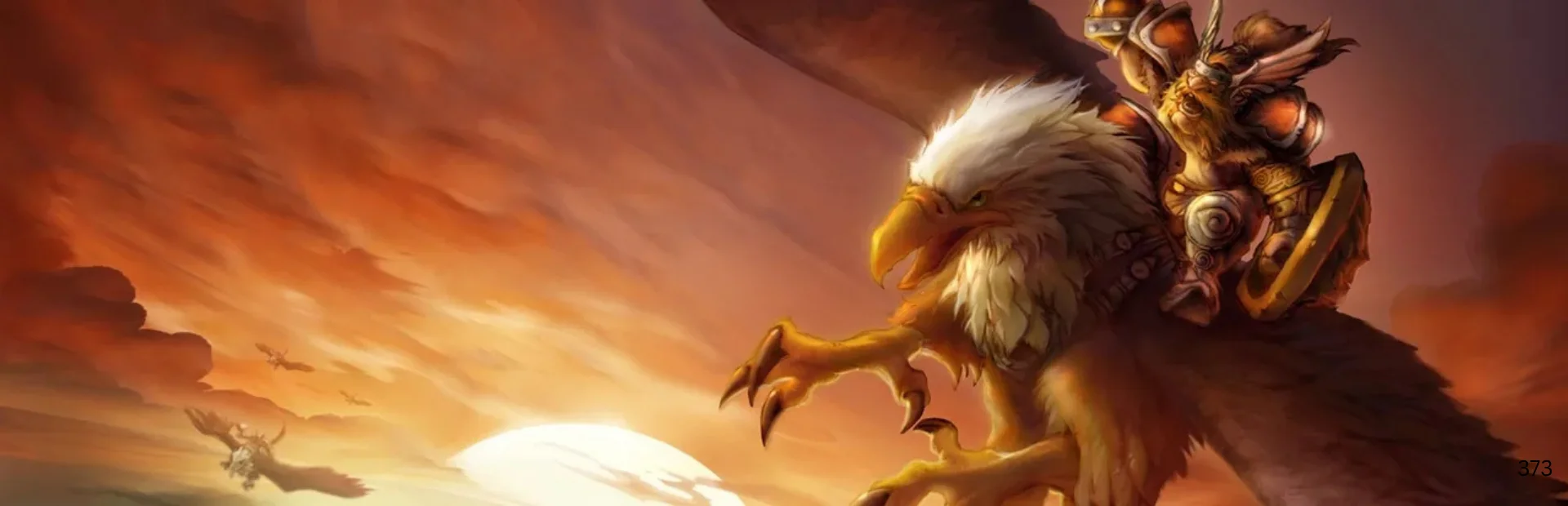 A dwarf warrior rides a gryphon through an orange sky in World of Warcraft artwork.