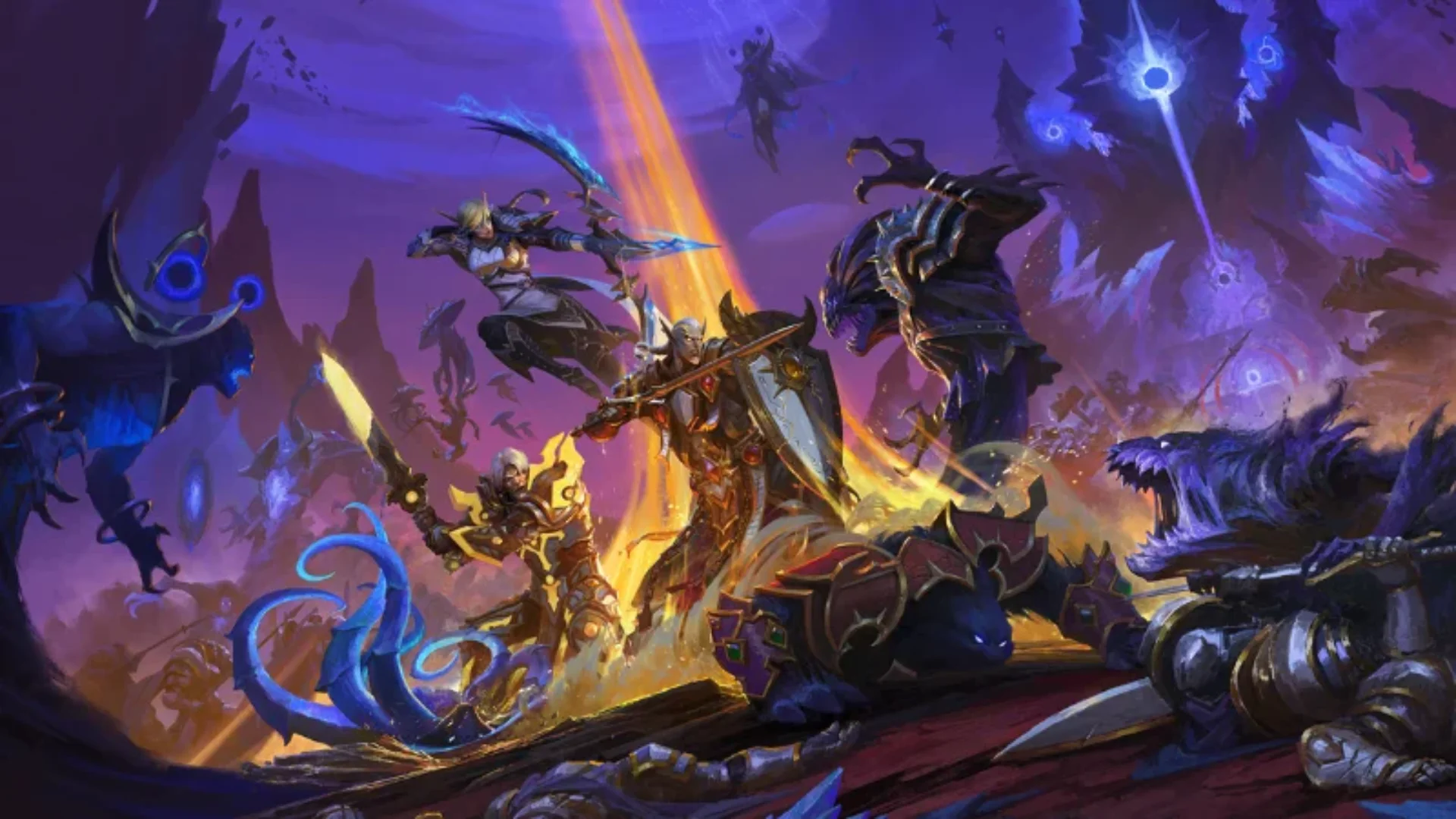 World of Warcraft heroes fight shadowy creatures across a purple battlefield filled with magic.