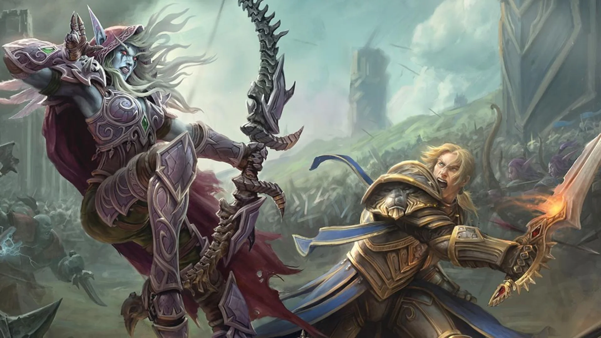 Sylvanas Windrunner battles Anduin Wrynn amid armies in World of Warcraft artwork.