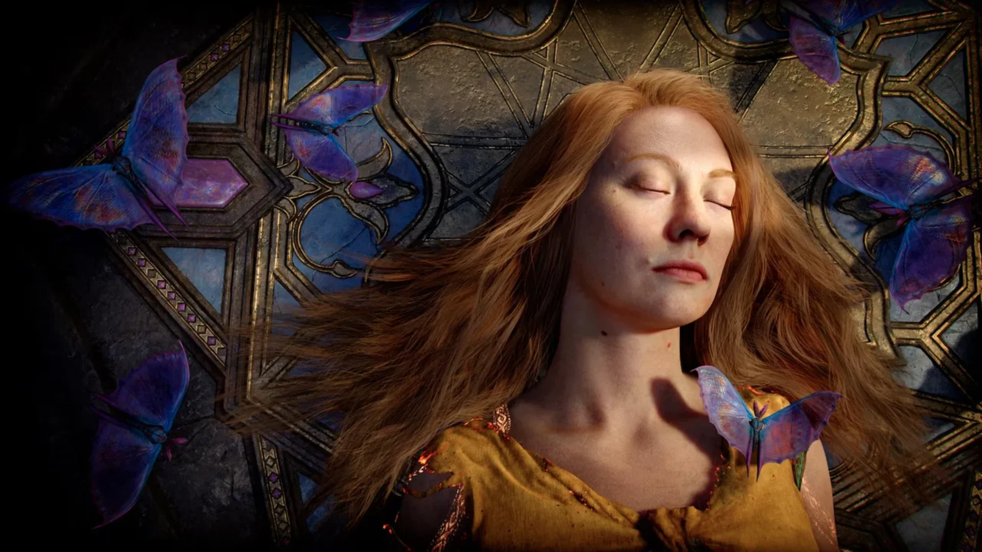 Faye rests with her eyes closed as purple butterflies gather around her.