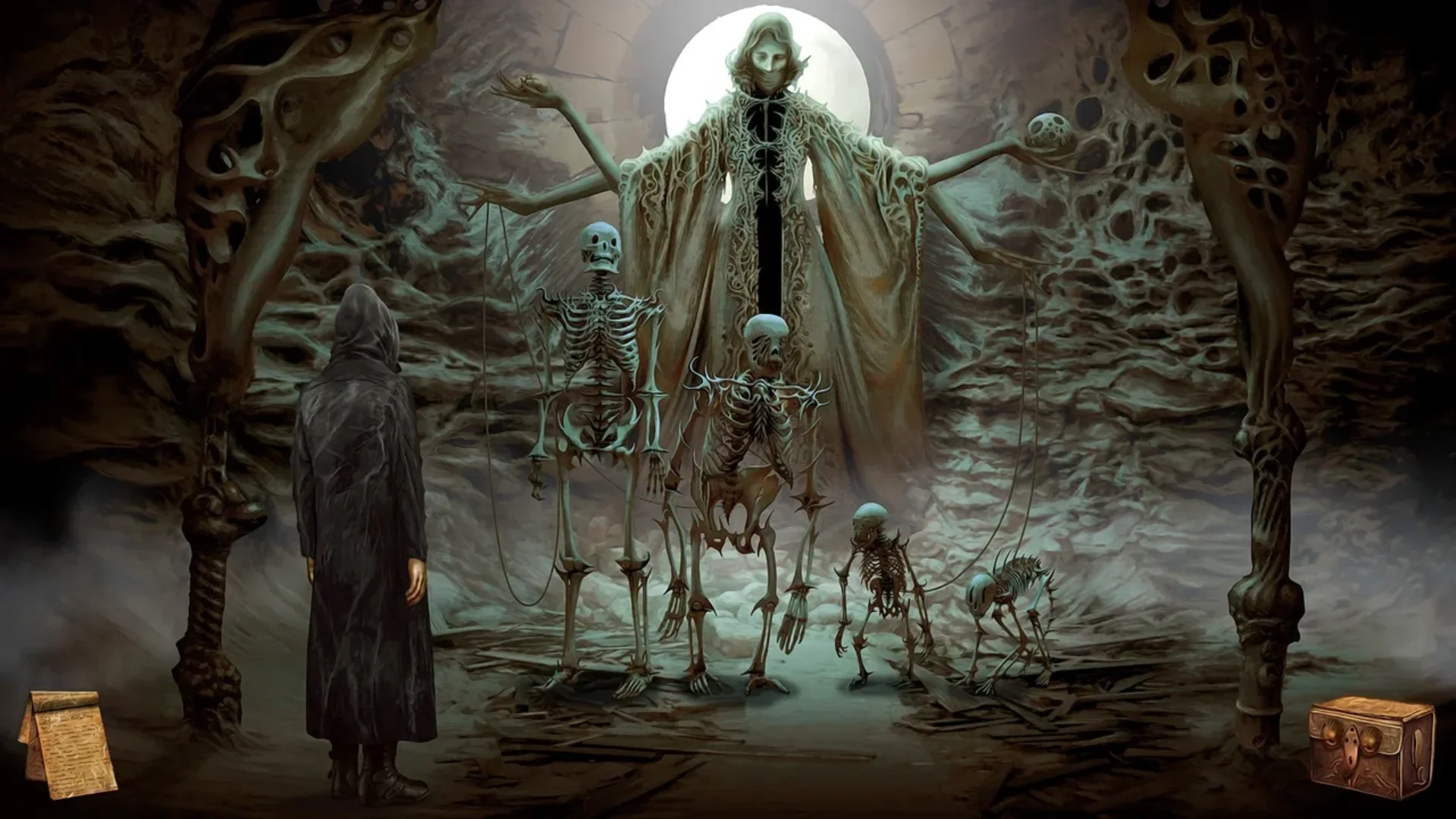 Two characters meet inside a damaged stone chamber beneath a beam of light in Tormentum II.
