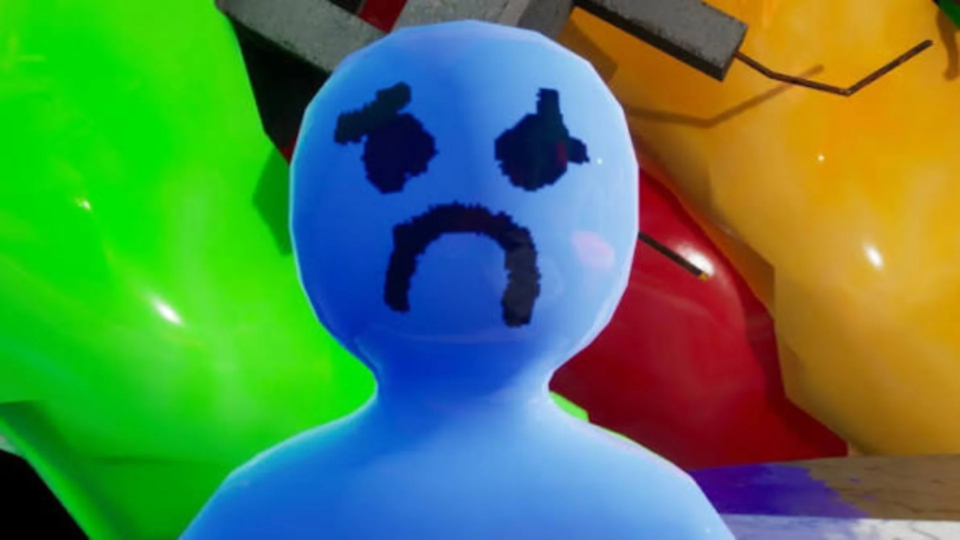 A blue Meccha Chameleon avatar with a painted sad face stands in front of colourful objects.