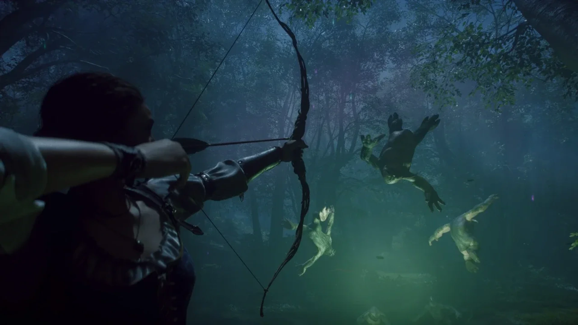 A Fable hero aims a bow at airborne creatures in a dark, misty forest.