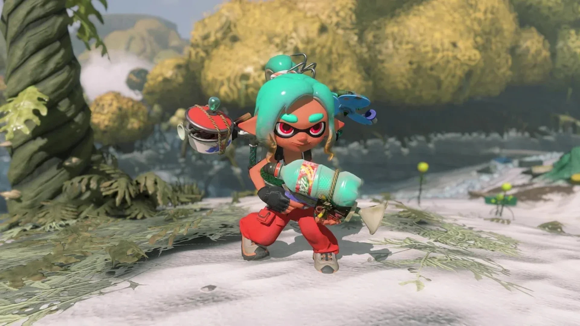 A teal-haired Splatoon Raiders mechanic poses with a customised ink weapon outdoors.