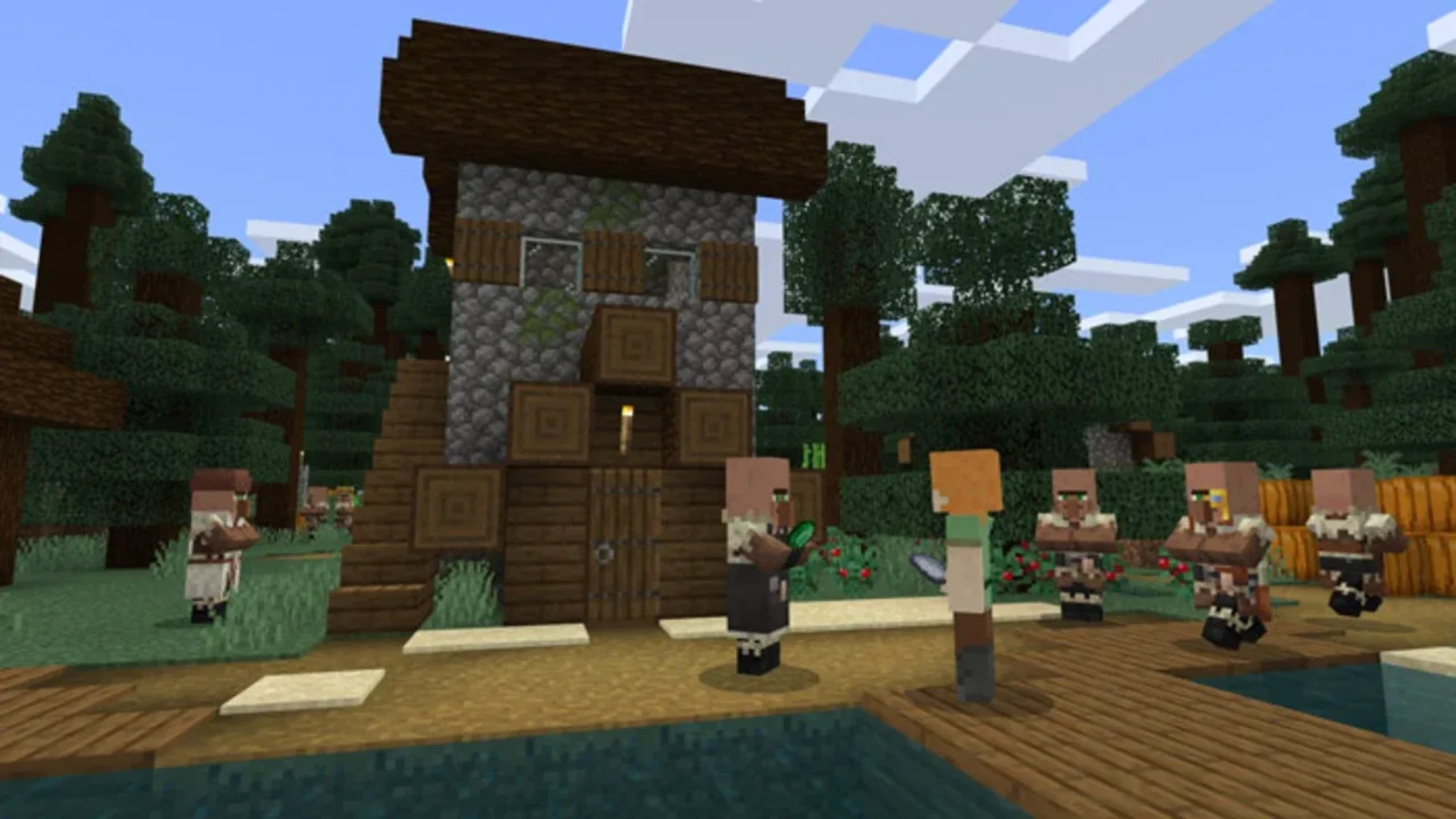 Alex stands among villagers beside a wooden house in a Minecraft forest village.
