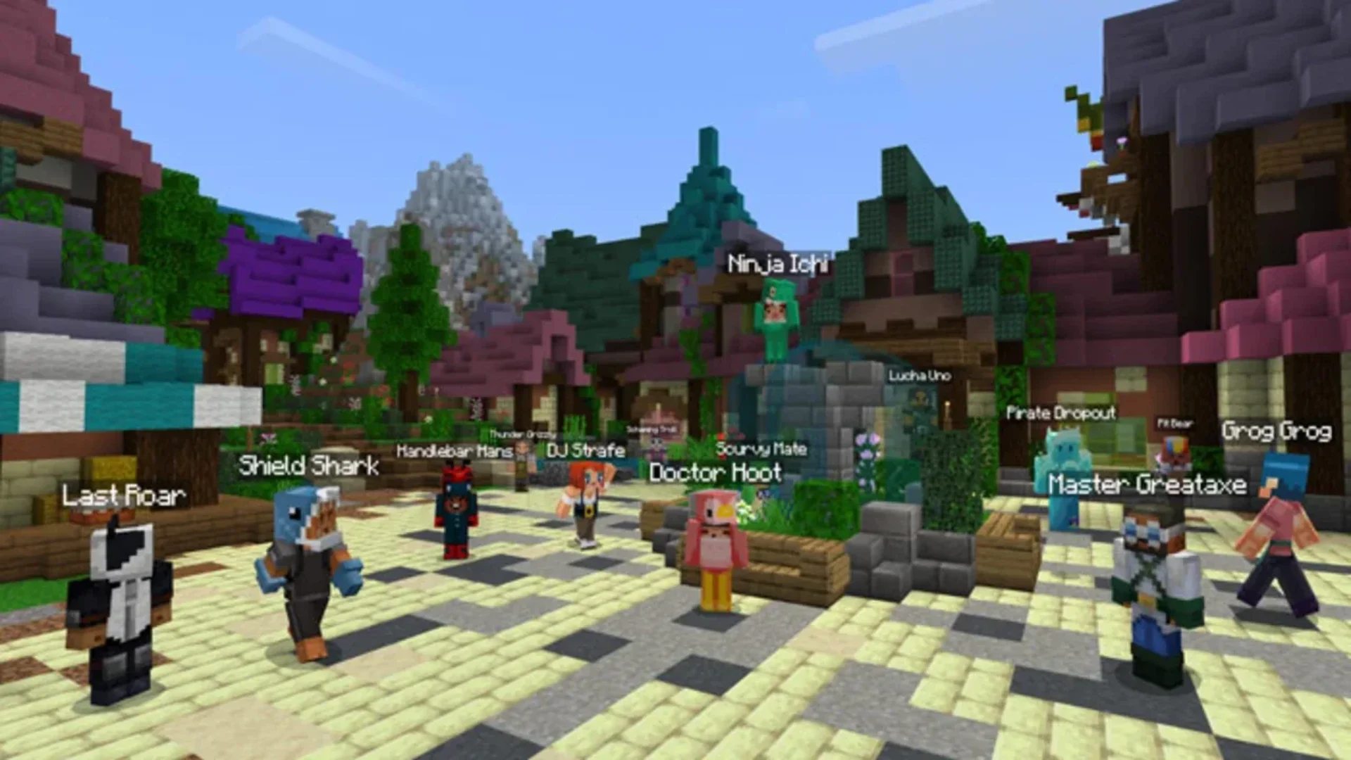 Minecraft players wearing custom skins gather in a colourful multiplayer town square.