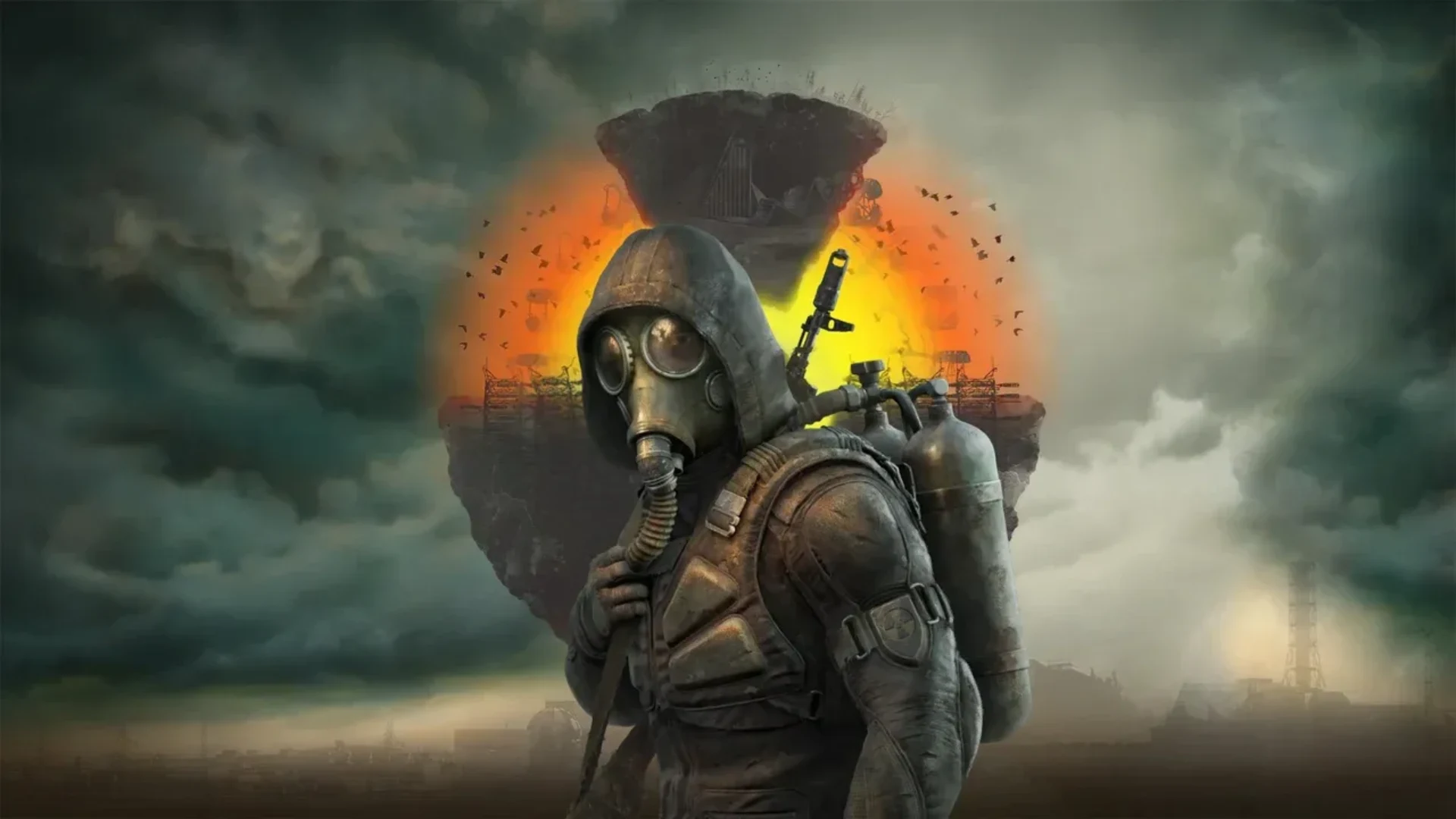 A hooded STALKER 2 character wears a gas mask against a stormy Zone backdrop.