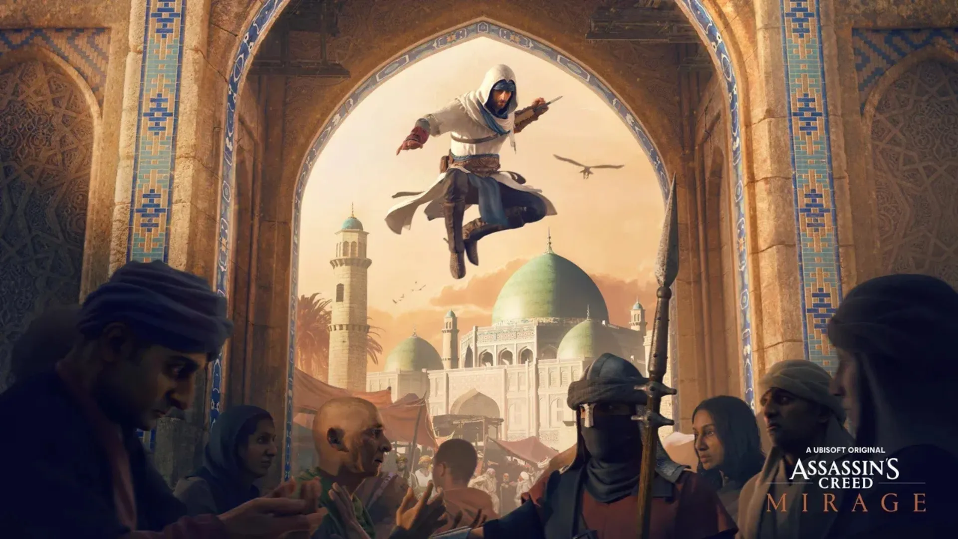 A hooded assassin leaps through an ornate archway above a market with green-domed mosques in Assassin's Creed Mirage.