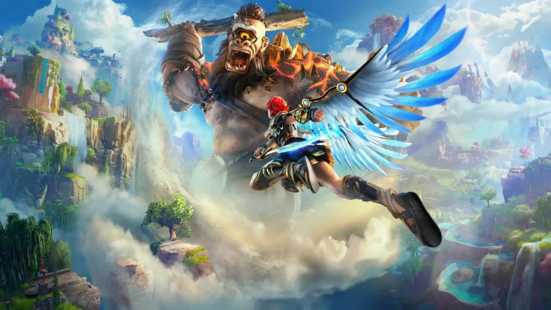 A winged red-haired hero flies with a glowing sword past a giant club-wielding cyclops above a colorful world in Immortals Fenyx Rising.