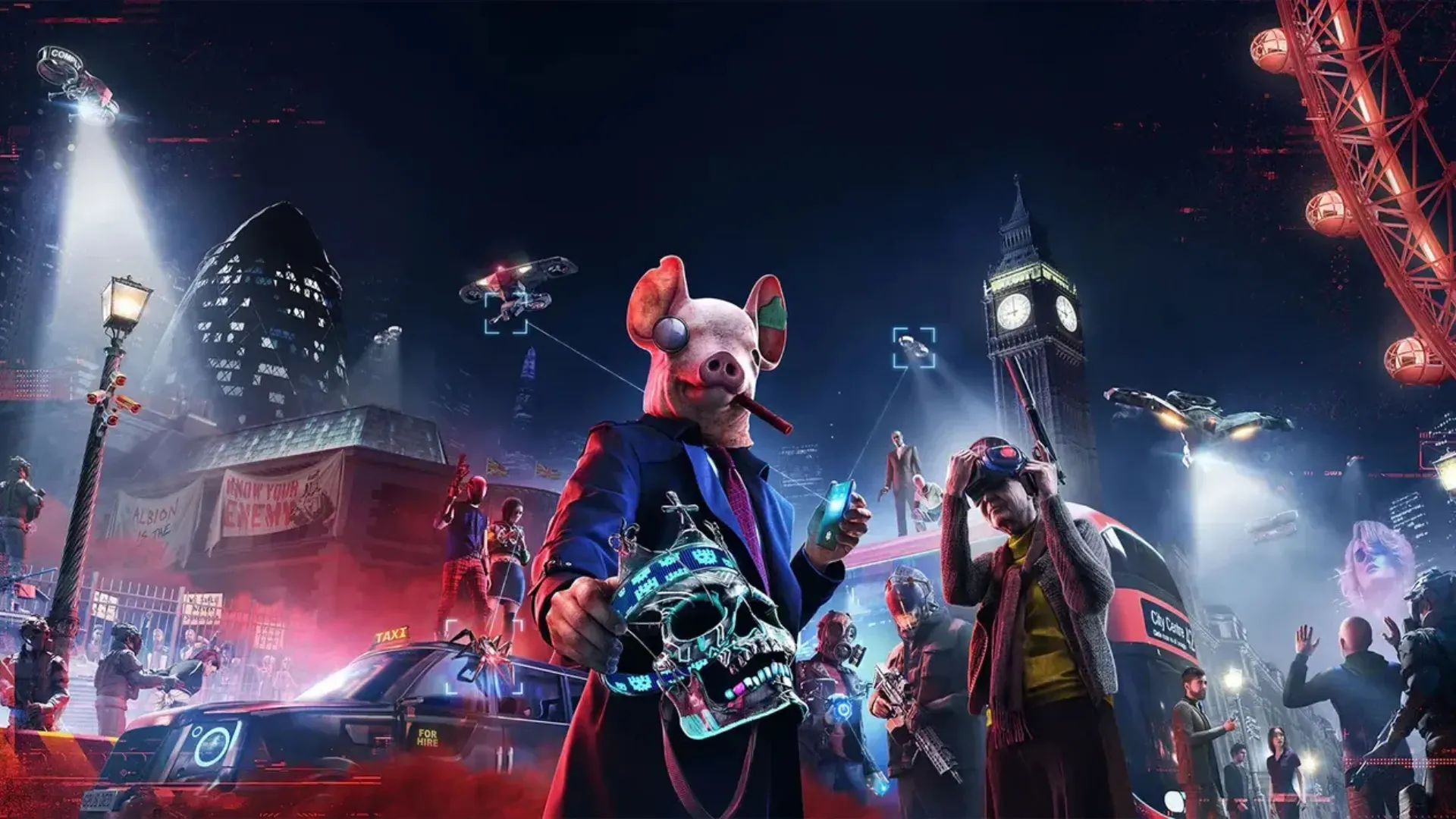 A figure in a suit and pig mask holds a mask over a neon-lit London street with Big Ben and drones in Watch Dogs: Legion.