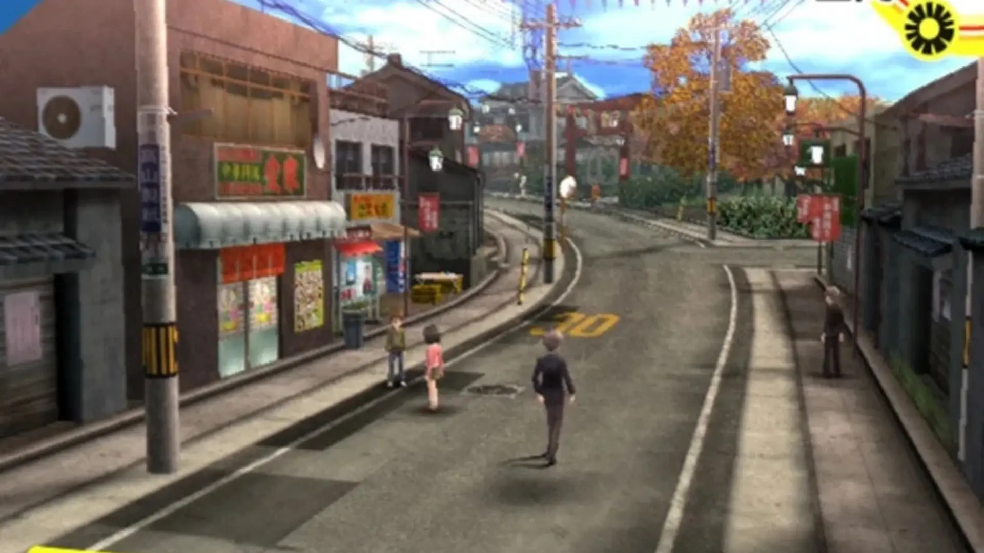 The protagonist walks through the shopping district of Inaba in Persona 4.