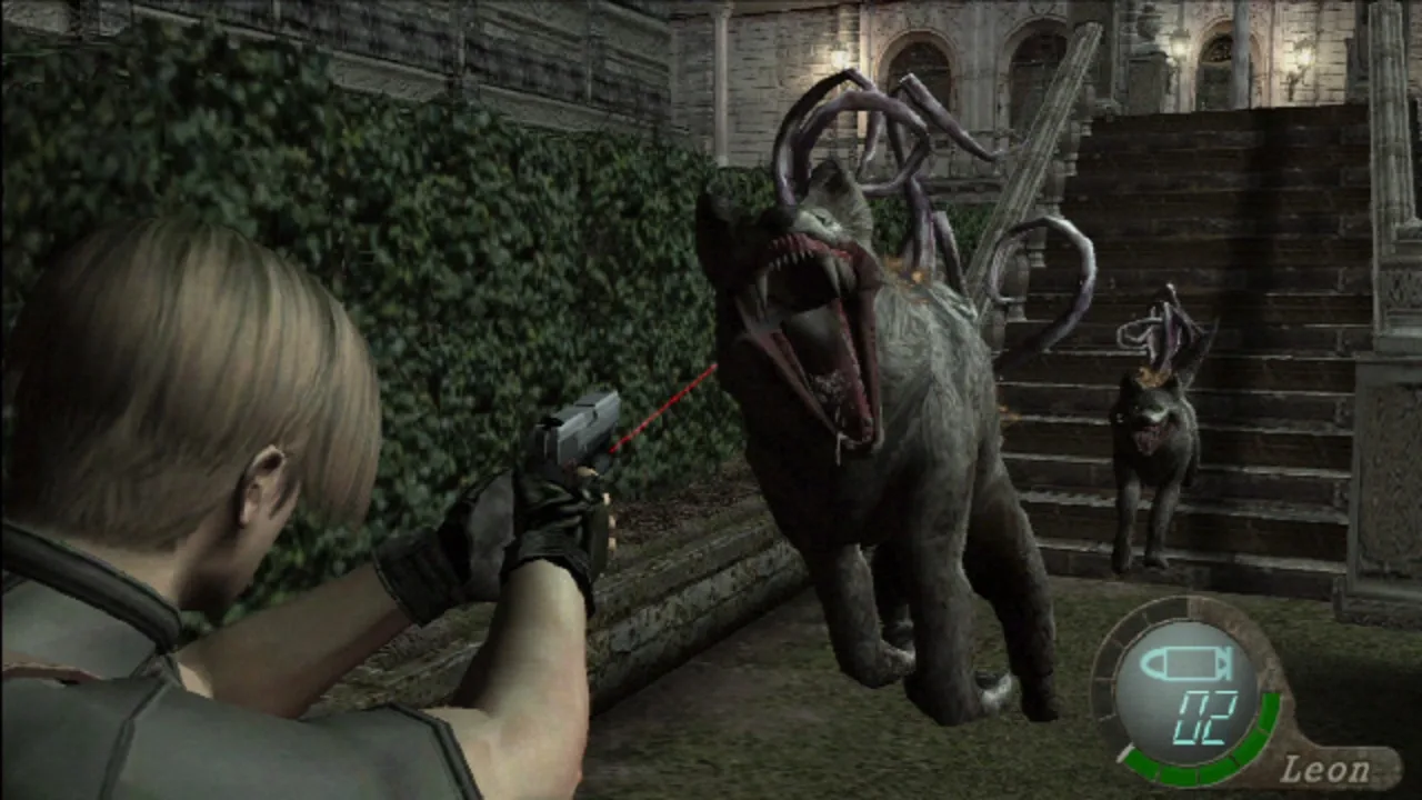 Leon S. Kennedy aims his handgun at mutated wolves in the castle grounds in Resident Evil 4.