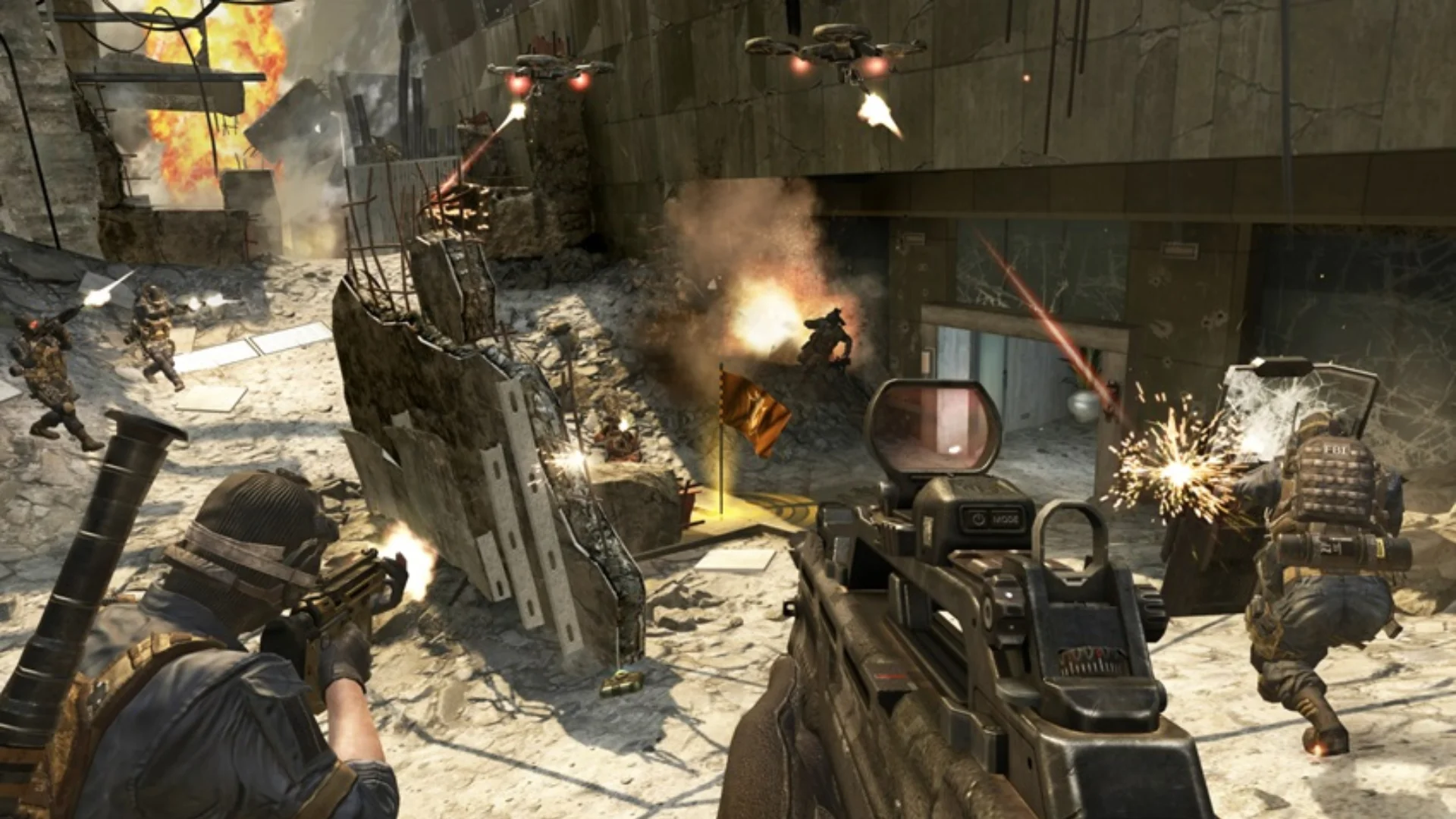 Players fight soldiers and armed drones in a ruined urban area during Call of Duty: Black Ops gameplay.