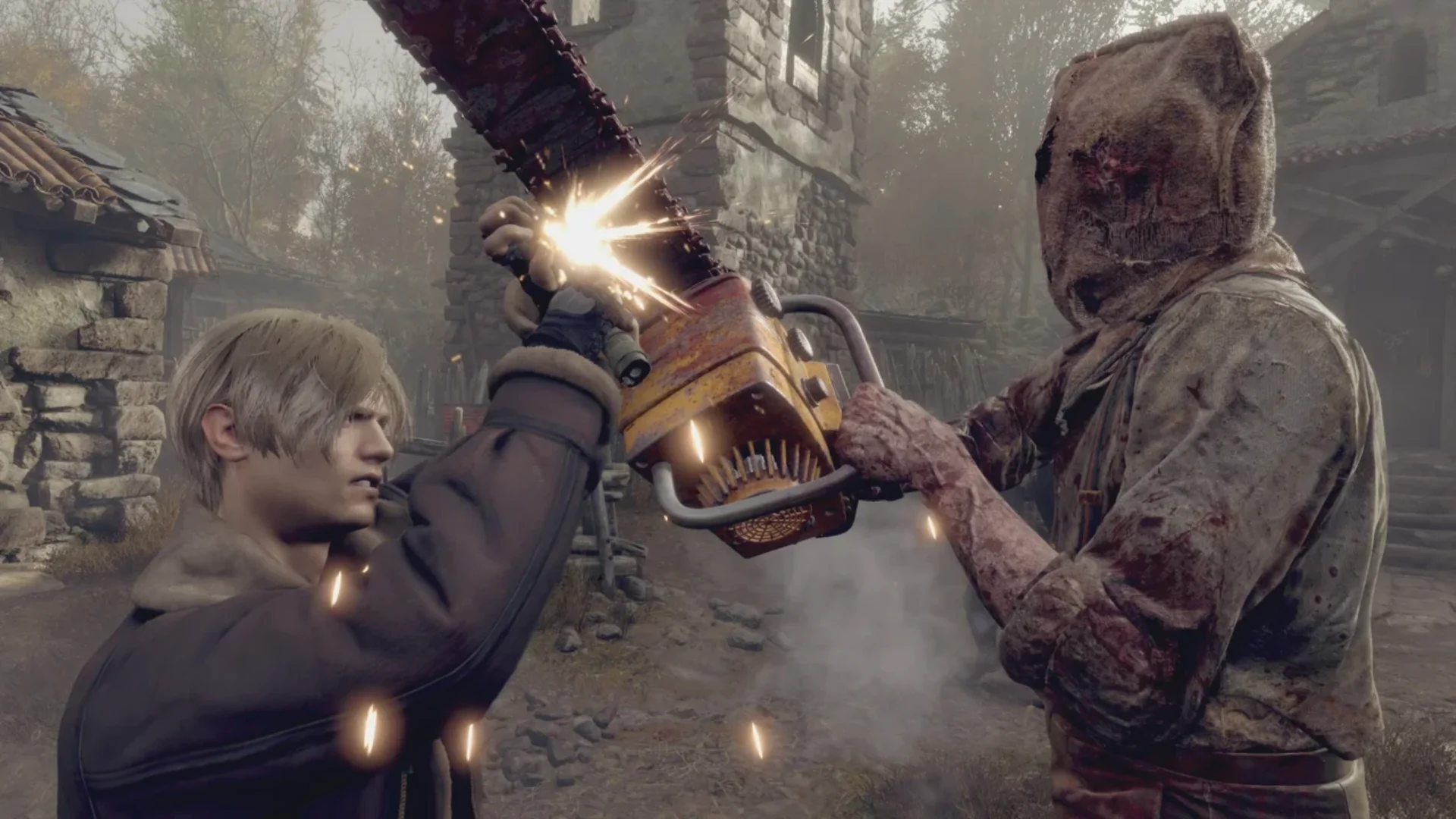 Leon Kennedy blocks a chainsaw attack from a hooded villager in Resident Evil 4 Remake.
