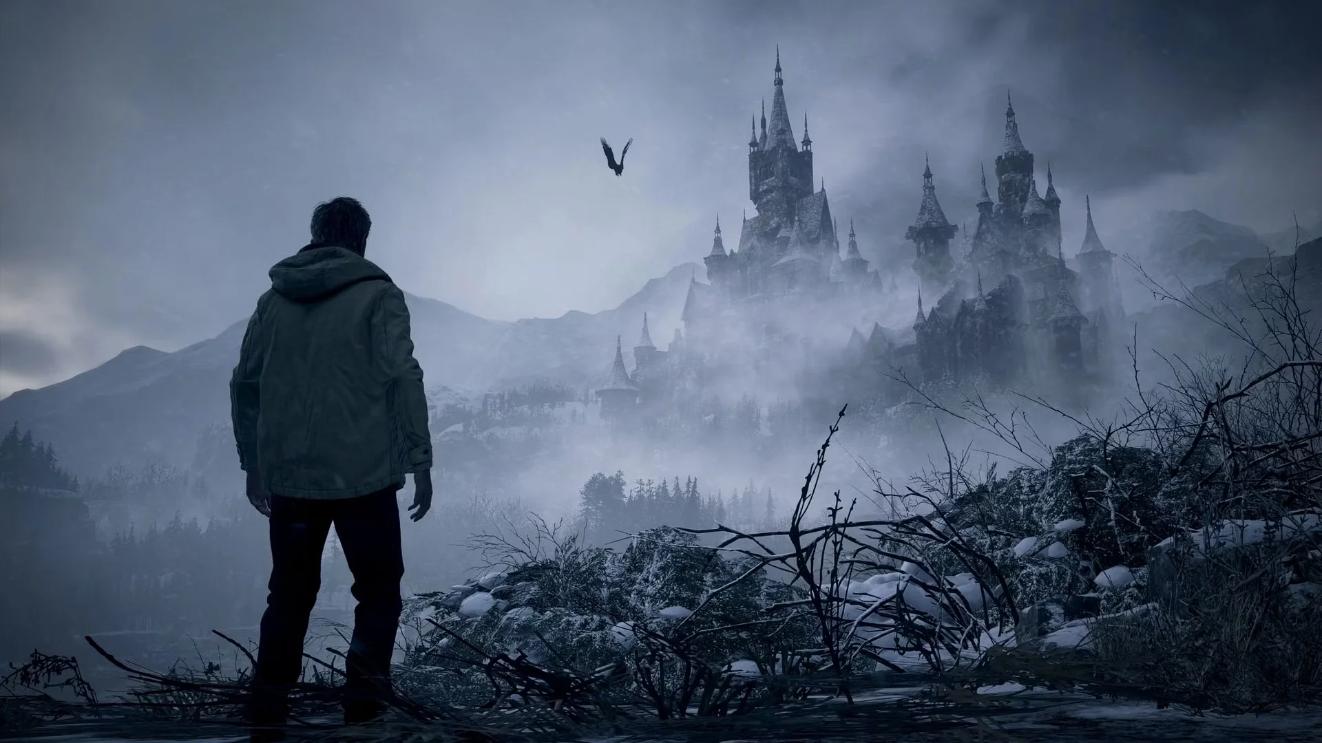 Ethan Winters faces Castle Dimitrescu across a snowy and fog-covered landscape in Resident Evil Village.