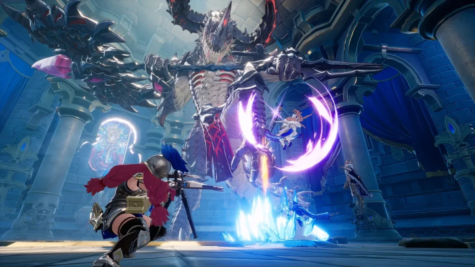 DragonSword Awakening heroes battle a huge armored dragon using purple magic and ice attacks inside a castle.