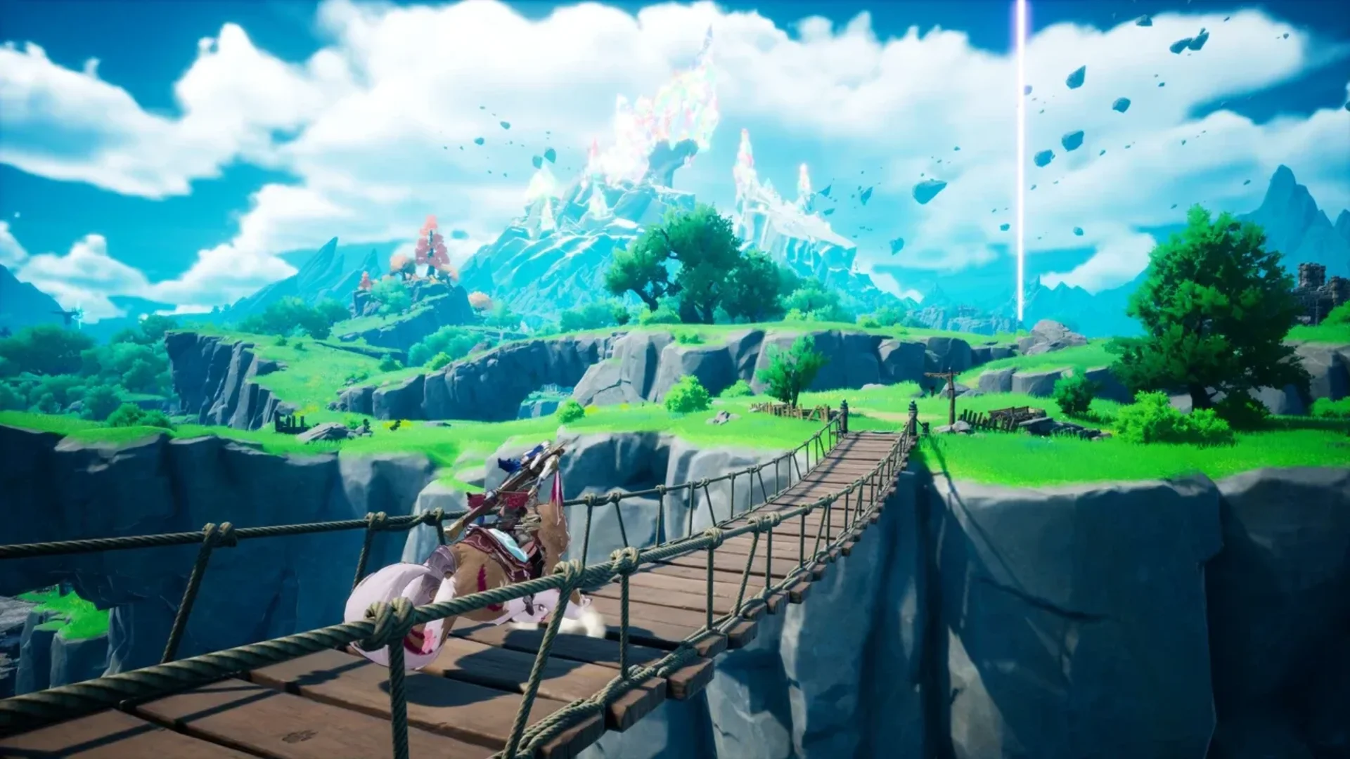 A mounted DragonSword Awakening hero crosses a rope bridge toward a glowing mountain and floating rocks.