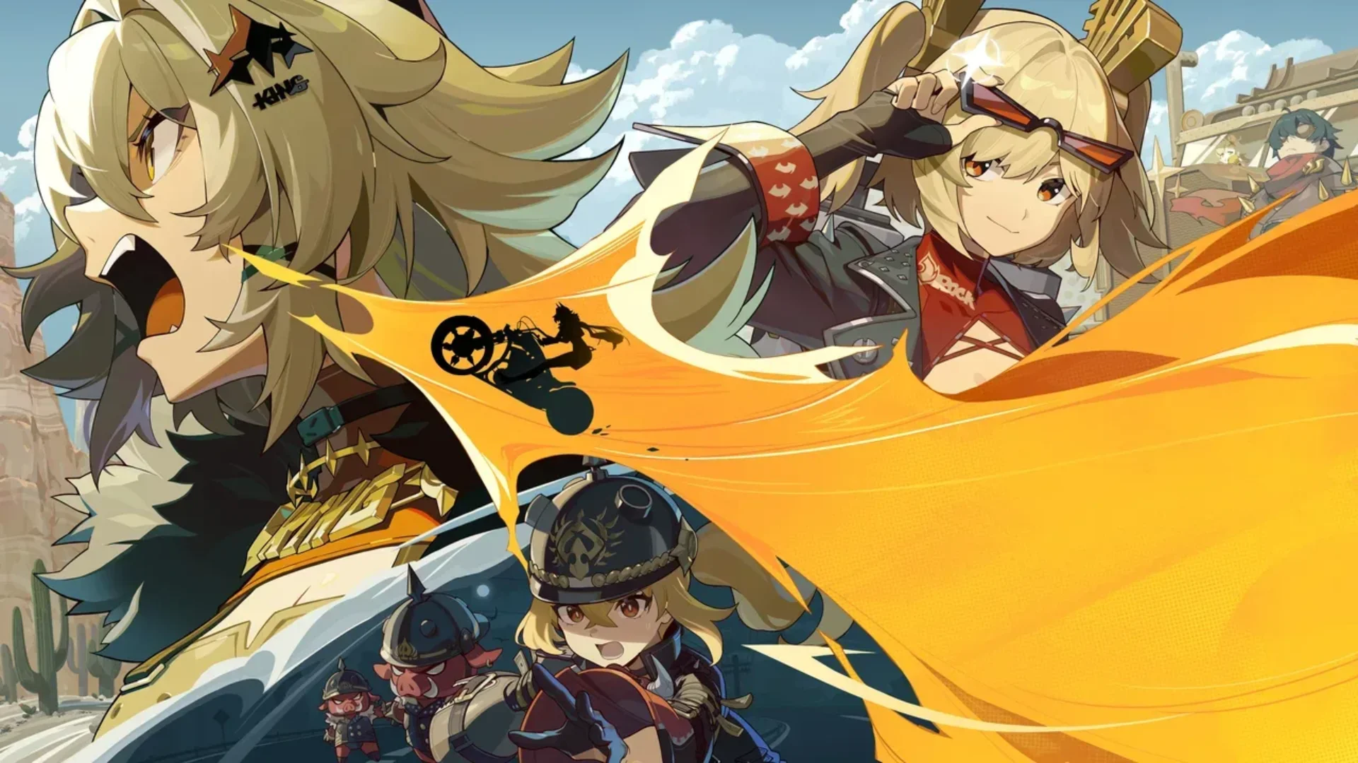 Zenless Zone Zero characters race through a bright desert scene in colourful Version 3.1 artwork.