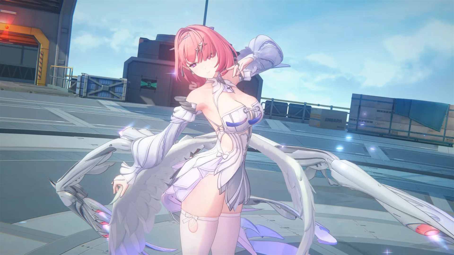Remielle poses in a white outfit beside mechanical wings on a futuristic platform in Zenless Zone Zero.