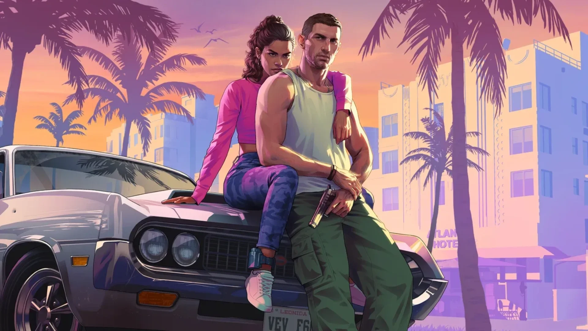 Lucia and Jason sit against a car with palm trees and pastel buildings behind them in GTA 6 artwork.