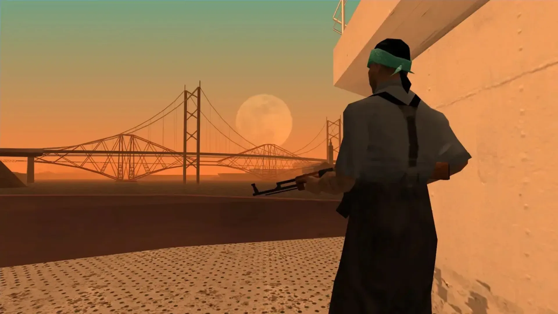 CJ rides a yellow dirt bike beside a Brown Streak train with gang members standing on its roof in GTA San Andreas.