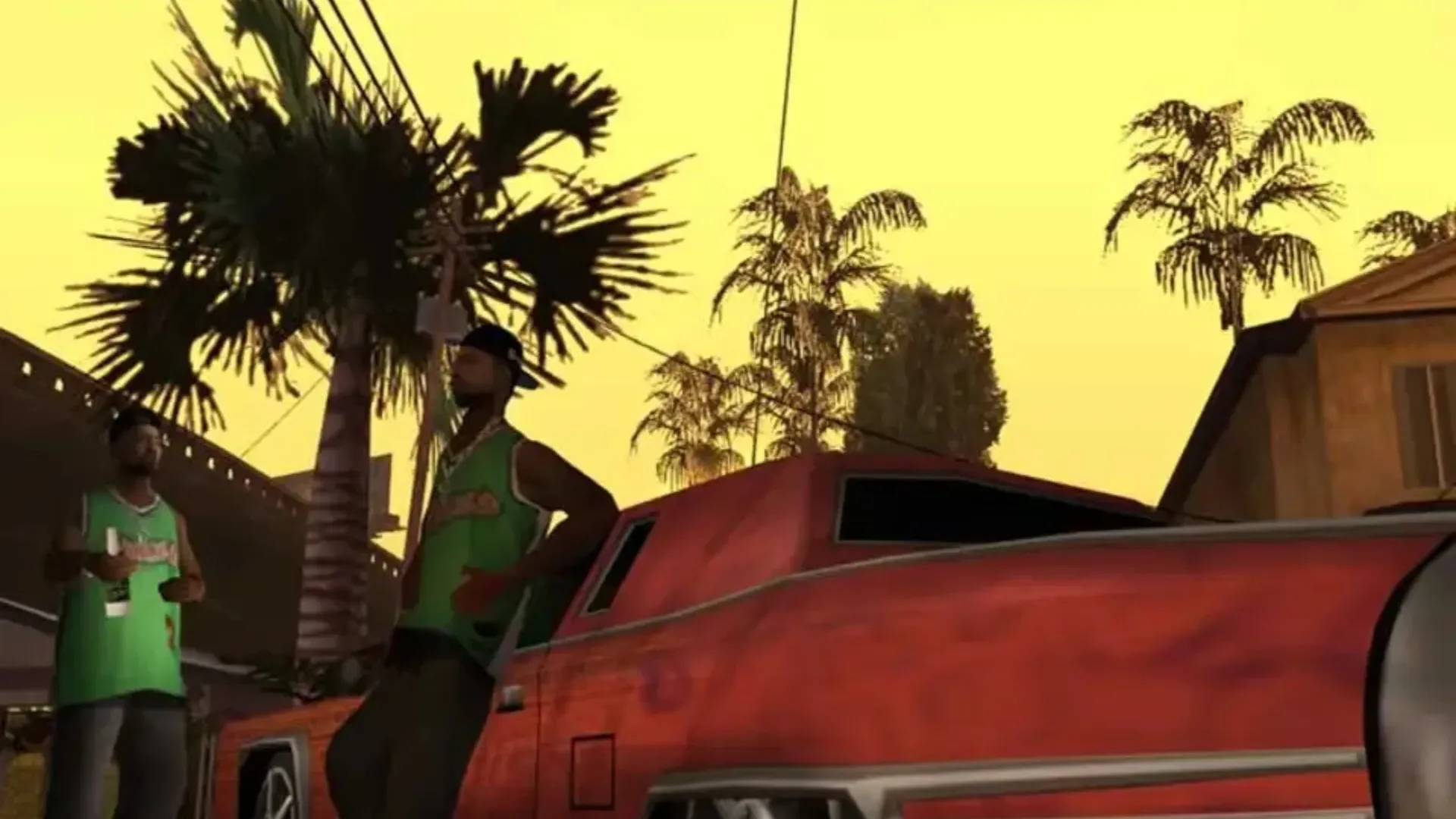 Two gang members in green stand beside a red lowrider under palm trees and a yellow sky in GTA San Andreas
