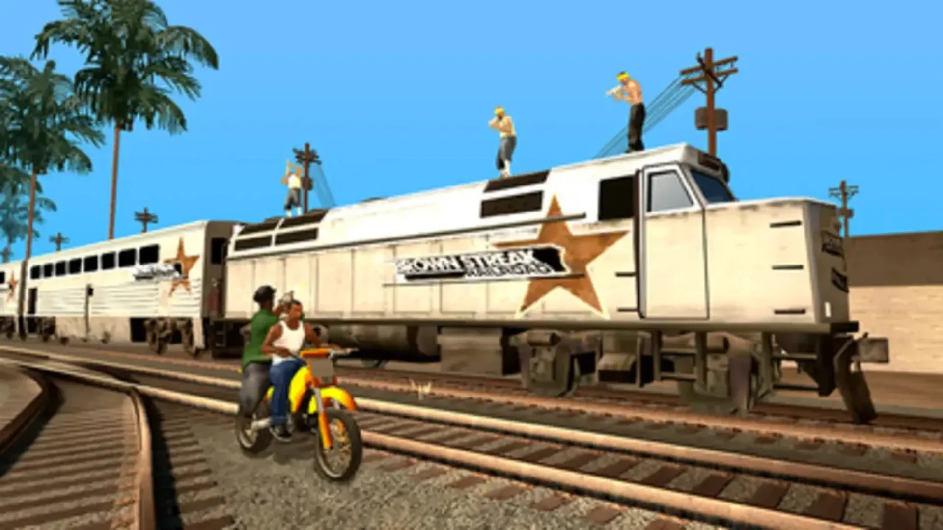 CJ rides a yellow dirt bike beside a Brown Streak train with gang members standing on its roof in GTA San Andreas.