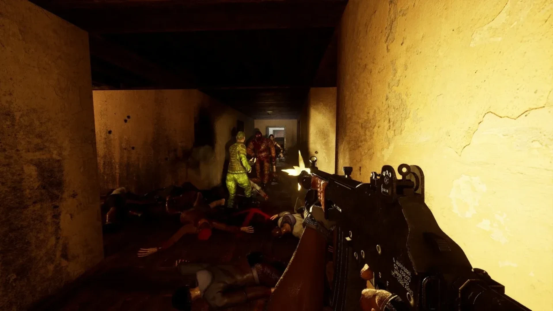 A Codename CURE II player fires at infected enemies in a narrow corridor as a teammate fights nearby.